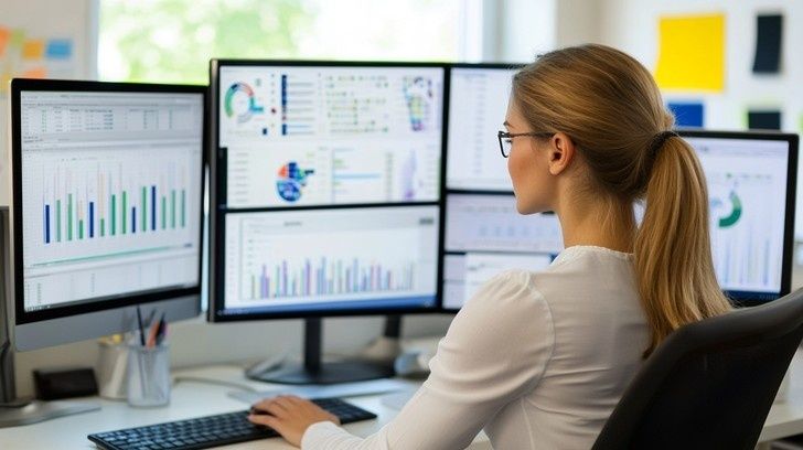 Analist bekijkt grafieken en dashboards op meerdere computerschermen